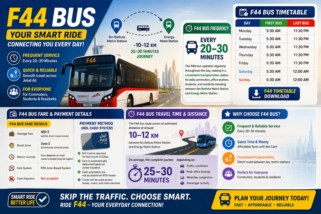 Colorful F44 Dubai bus infographic showing timetable, fare details, travel time, frequency, and route information between Ibn Battuta and Energy Metro Station.