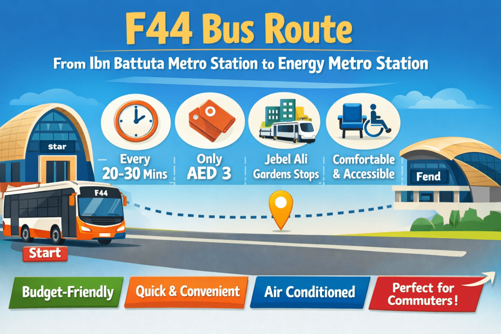 F44 bus route infographic showing travel from Ibn Battuta Metro Station to Energy Metro Station with key benefits like fare, timing, stops, and accessibility.