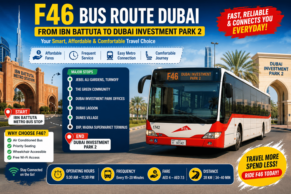 F46 bus route infographic showing journey from Ibn Battuta Metro Station to Dubai Investment Park 2 with stops, timings, fare, and travel details in a modern Dubai transport design.
