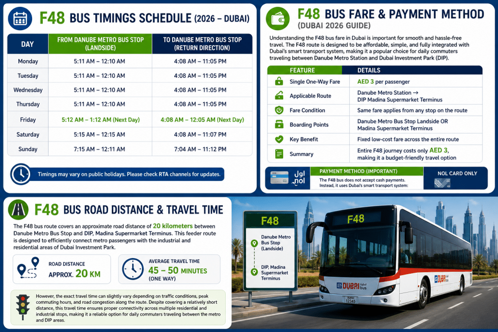 F48 Bus Dubai timetable infographic showing weekly operating hours, fare details (AED 3 Nol Card only), and travel time between Danube Metro Bus Stop and Dubai Investment Park.