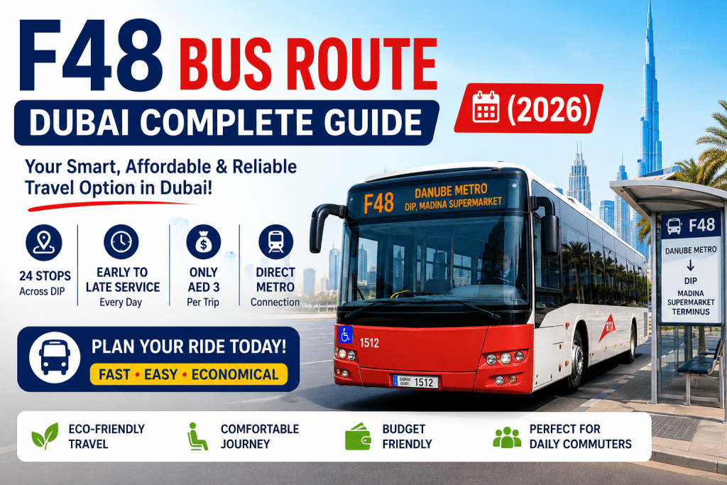 F48 Bus Route Dubai 2026 complete guide infographic showing bus, route highlights, fare, timings, and metro connection.