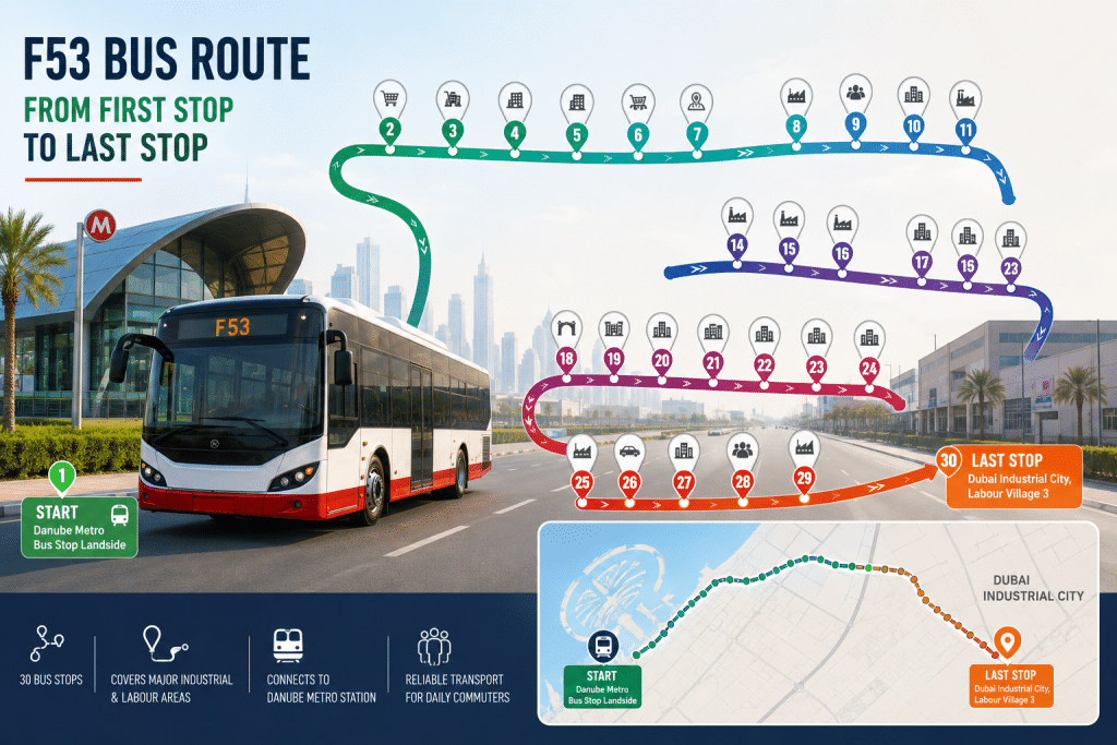 F53 bus route map from Danube Metro Station to Dubai Industrial City showing major stops and route connections in Dubai.