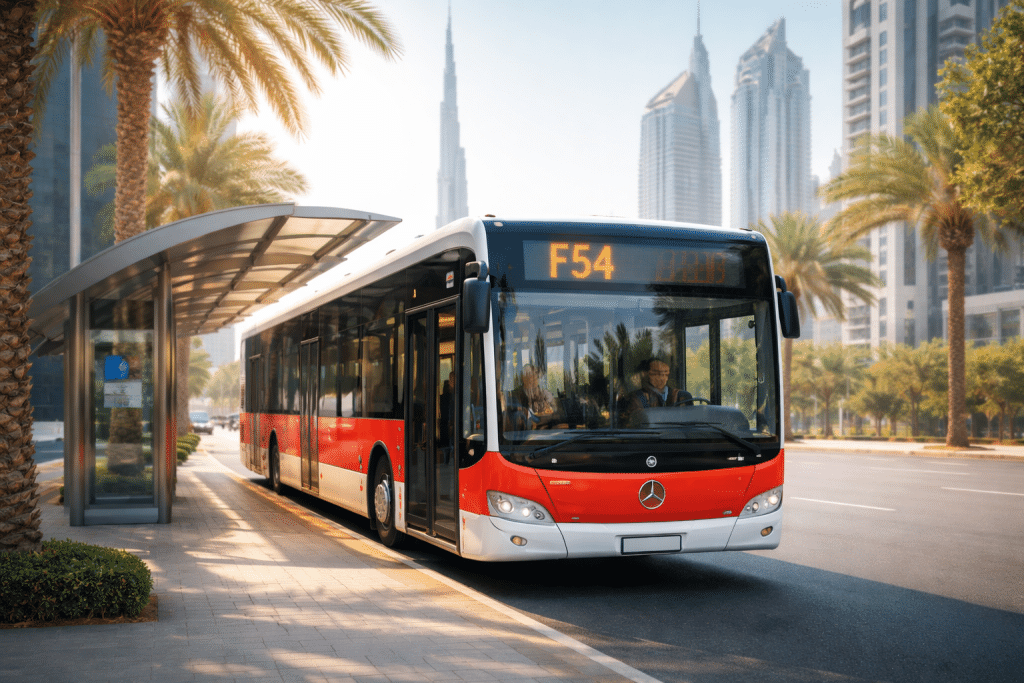 F54 bus parked at a modern Dubai bus stop with city skyline and palm trees in the background.