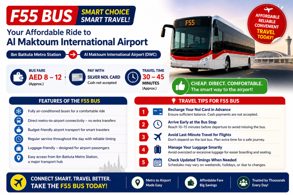 F55 bus fare infographic showing affordable airport travel from Ibn Battuta Metro Station to Al Maktoum International Airport with fare, travel time, and travel tips.
