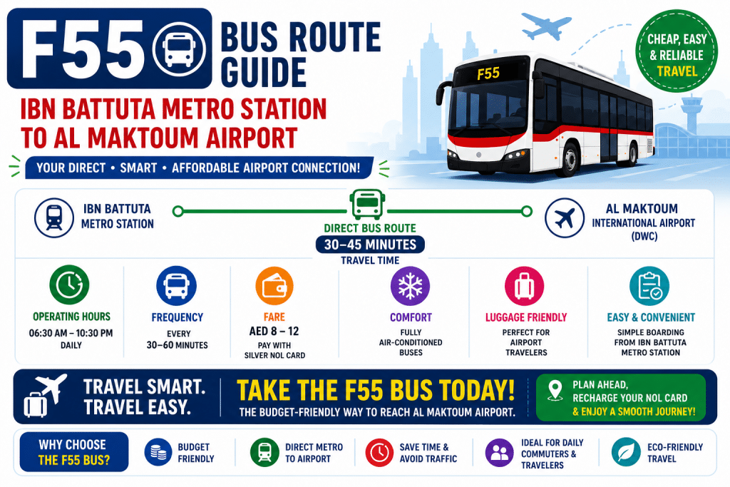 Infographic of F55 bus route guide from Ibn Battuta Metro Station to Al Maktoum International Airport showing route details, stops, timings, and fare information.