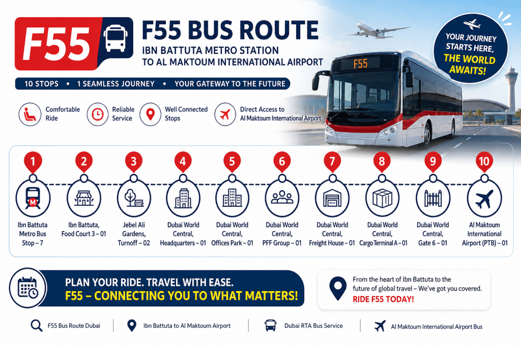 F55 bus route infographic showing stops from Ibn Battuta Metro Station to Al Maktoum International Airport with a modern Dubai bus illustration.