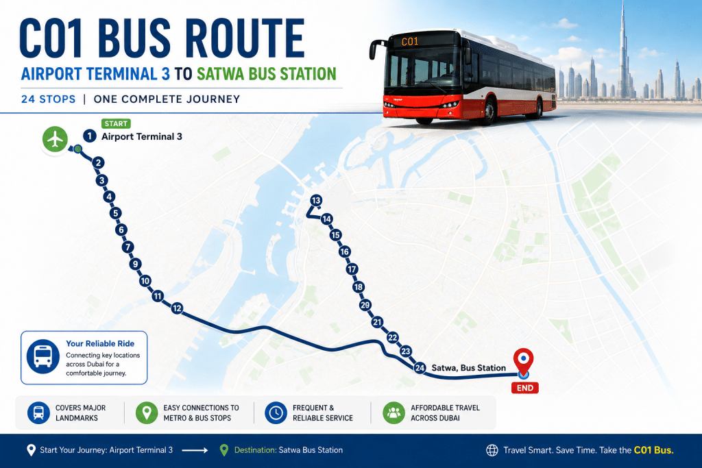 C01 bus route map infographic showing the journey from Airport Terminal 3 to Satwa Bus Station with all route stops connected on a modern Dubai city map.