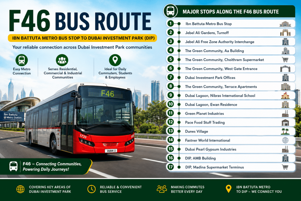 Attractive infographic of the F46 bus route in Dubai showing a modern F46 bus traveling from Ibn Battuta Metro Bus Stop to Dubai Investment Park (DIP) with all major stops listed in a clean 3:2 horizontal layout.