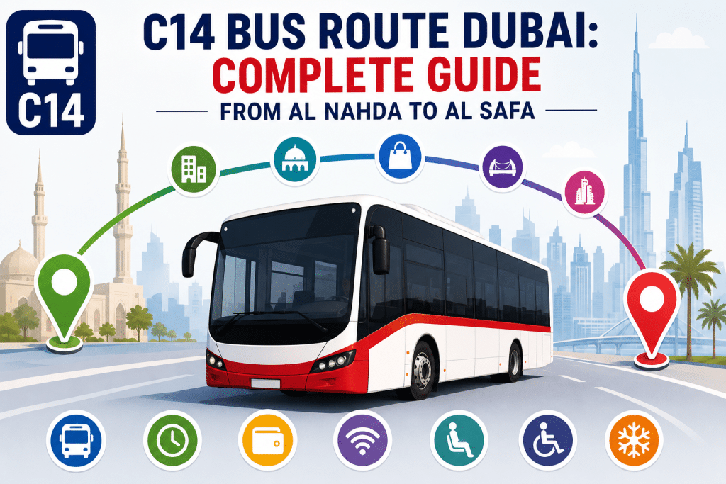 C14 bus route Dubai infographic showing travel from Al Nahda to Al Safa with a modern RTA bus and route icons.