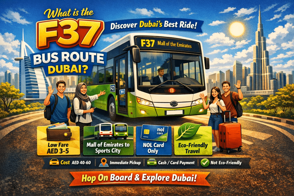 Illustration promoting the F37 Bus Route in Dubai showing a bus, city skyline, and key travel benefits like low fare, NOL card payment, and eco-friendly transport.