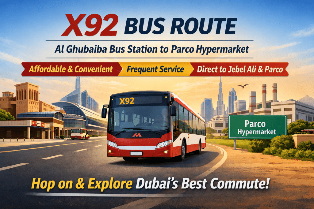 X92 bus route infographic showing a Dubai RTA bus traveling from Al Ghubaiba Bus Station to Parco Hypermarket with Dubai skyline background.