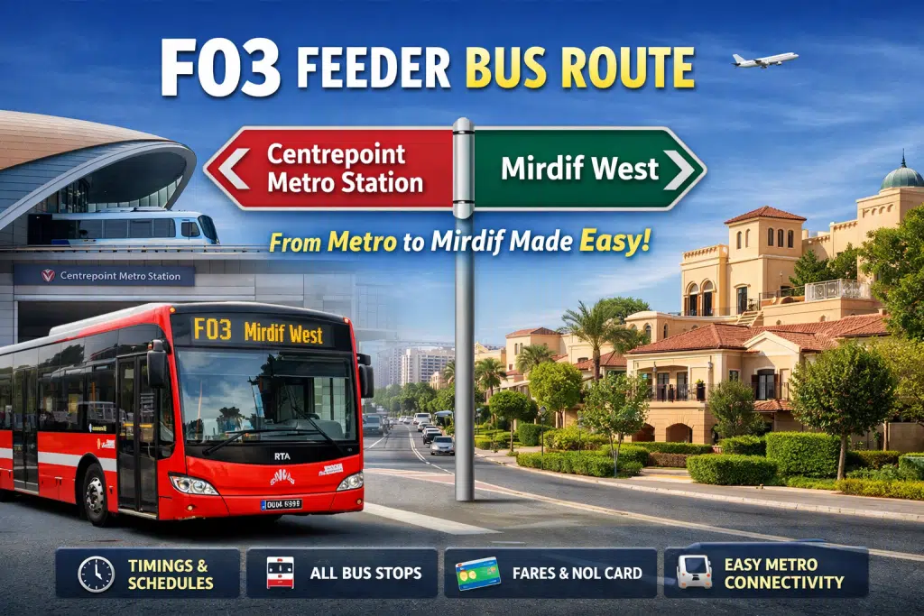 F03 feeder bus route Dubai graphic showing Centrepoint Metro Station to Mirdif West with bus, route sign, and key travel information.