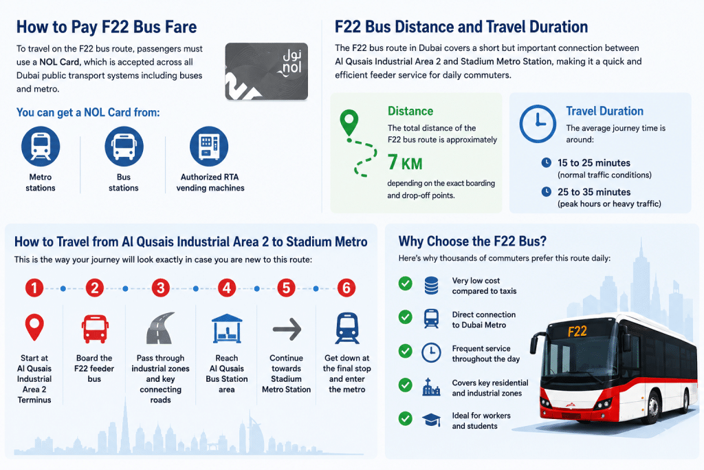 Simple infographic of F22 bus fare payment, distance, travel time, route steps, and benefits in Dubai.