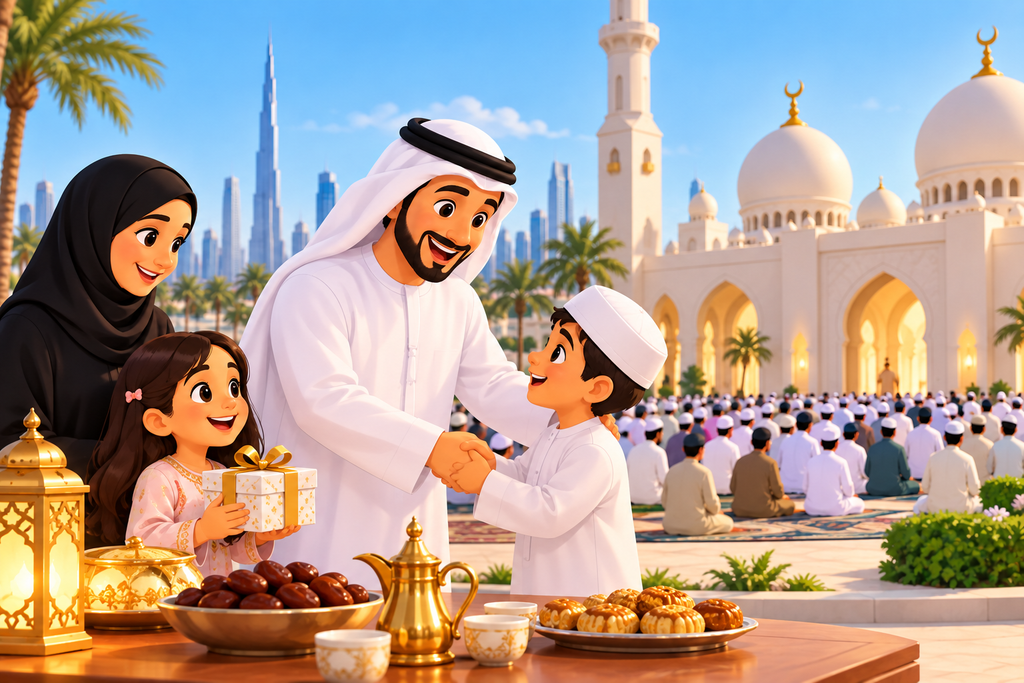 The celebrations of Eid al Fitr in the UAE with an animated Emirati family, Eid presents, traditional food and prayers in the mosques.