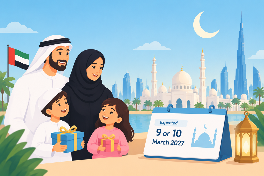 Eid al-Fitr 2027 in the UAE, with a happy family, mosque, UAE flag, and expected dates of 9 or 10 March 2027.