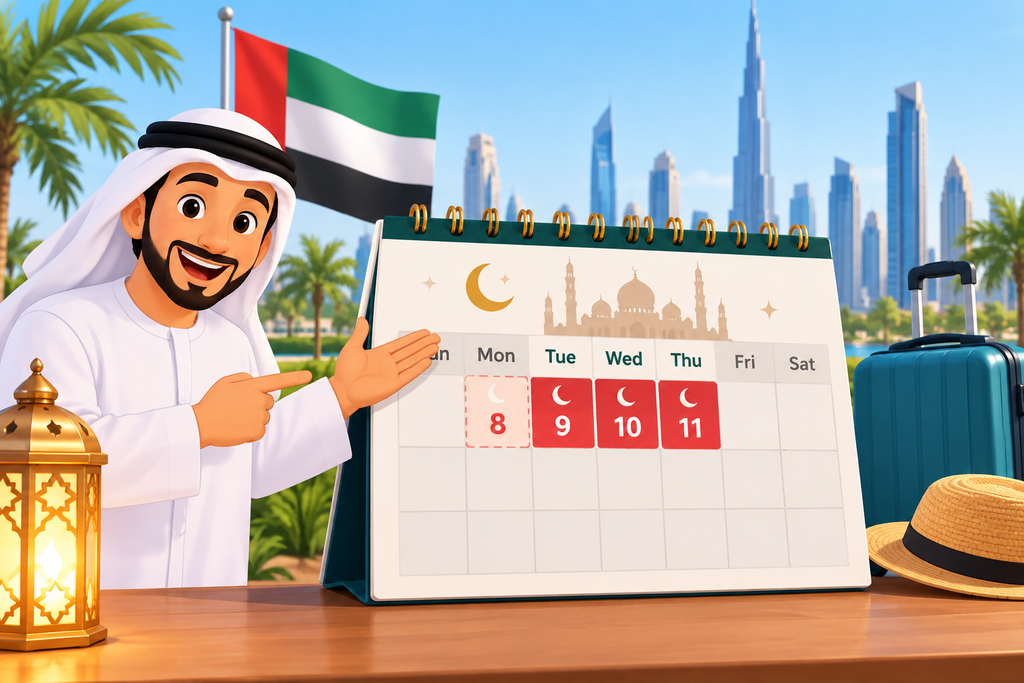 Public holidays calendar UAE Eid al-Fitr 2027 featuring an animation of a man from the UAE, crescent moon and a Dubai skyline for the holiday.
